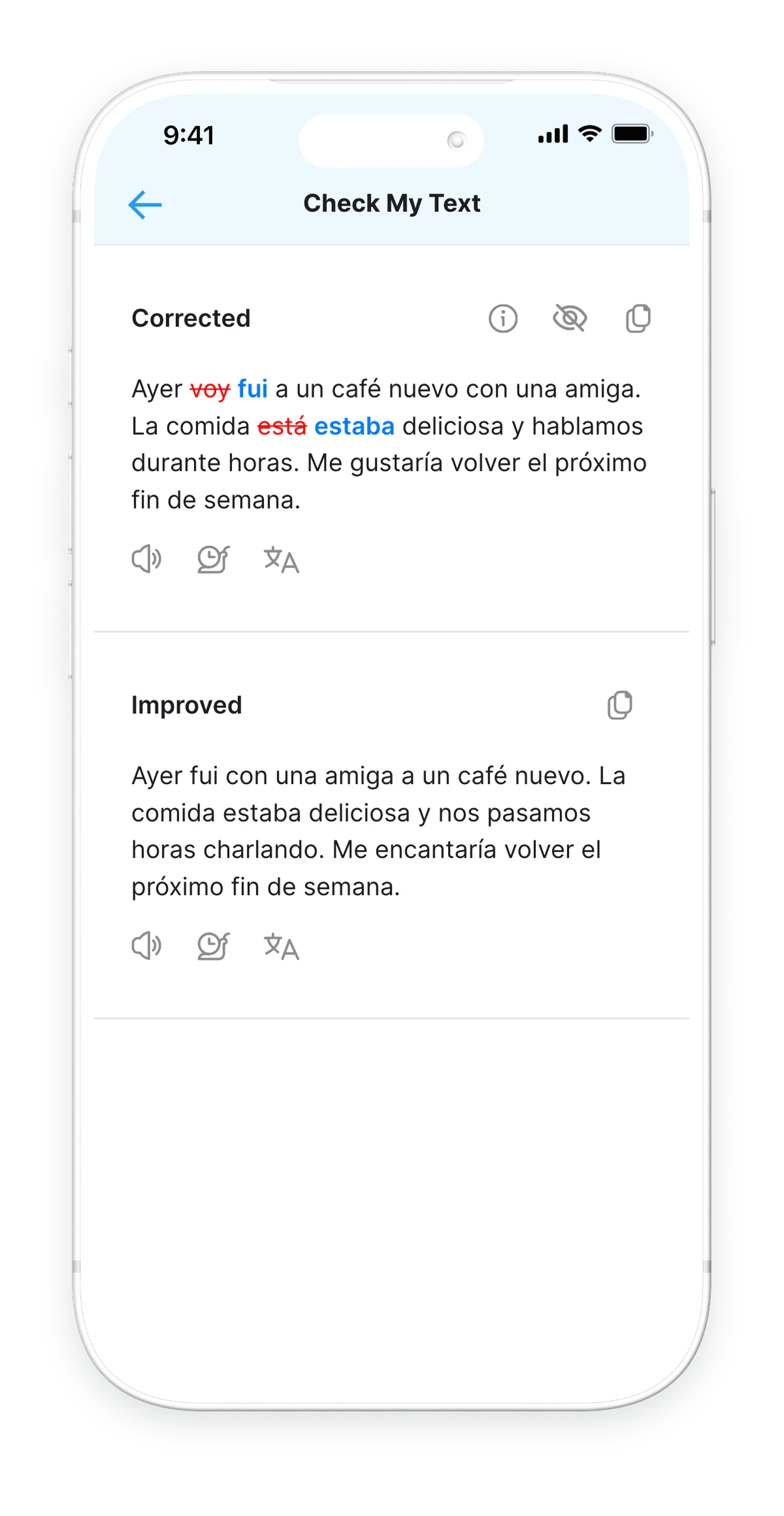 Bubblz — Check My Text · Corrected · Improved